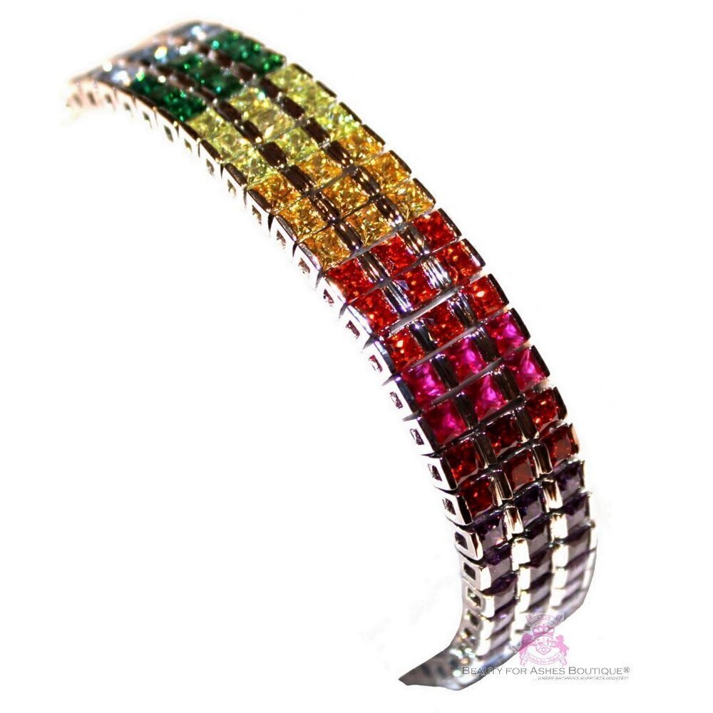 BFA Multicolor Rainbow Cz Cubic Zirconia Gods Promise Triple Row Gala Bracelet